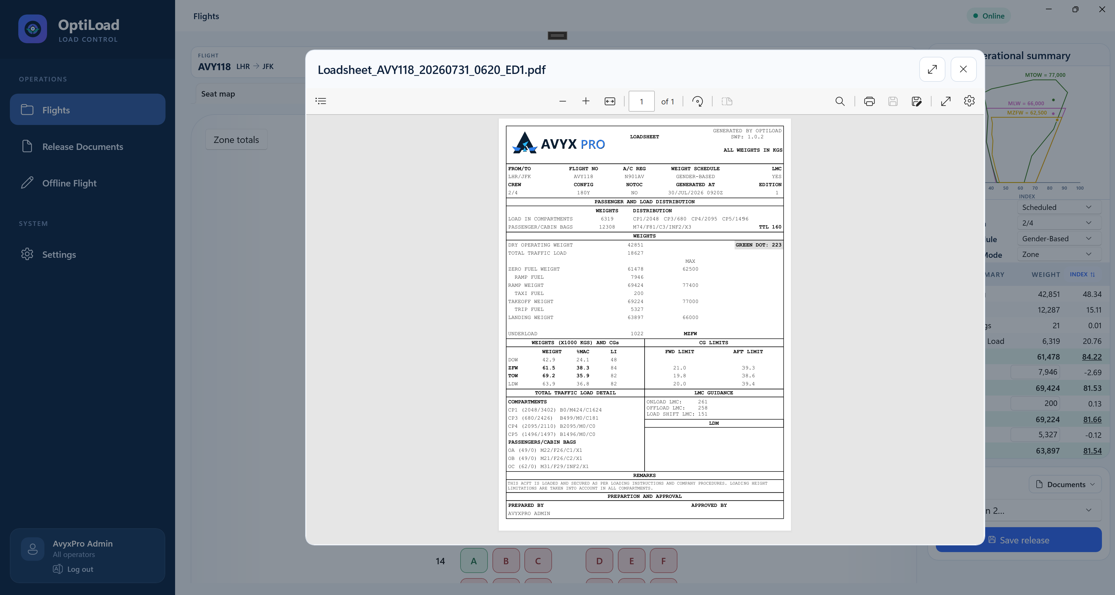 Generated OptiLoad loadsheet PDF